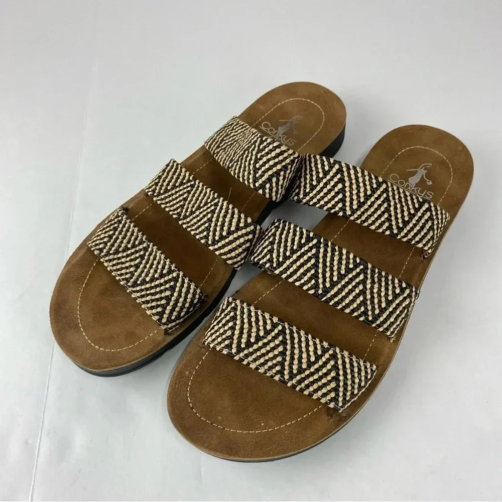 Corkys Womens 10 Dafne 3 Strap Black and Beige Rattan Slide Sandals - Picture 3 of 5